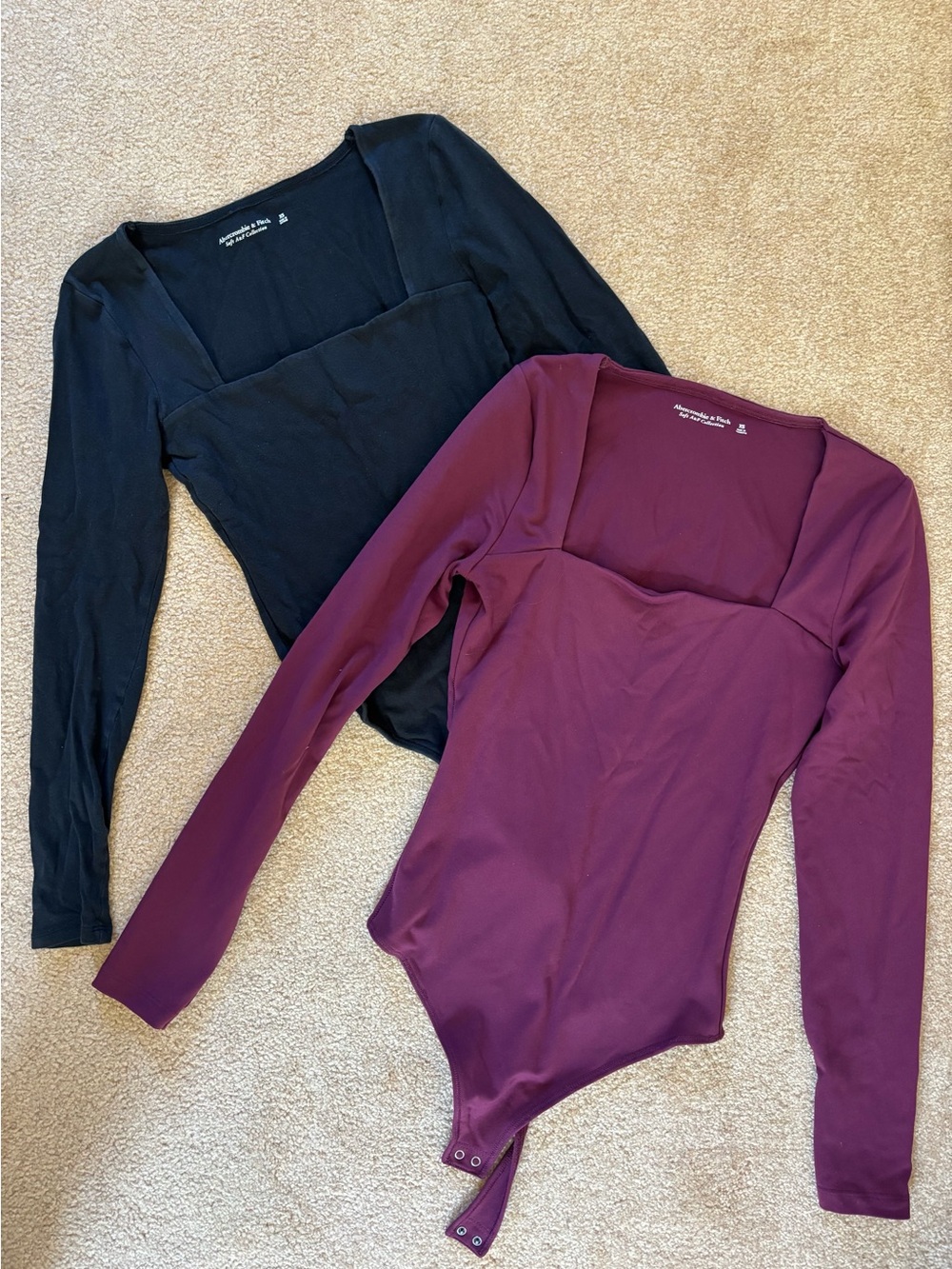 Abercrombie & Fitch Long Sleeve Square Neck Bodysuit Bundle- Black & Plum